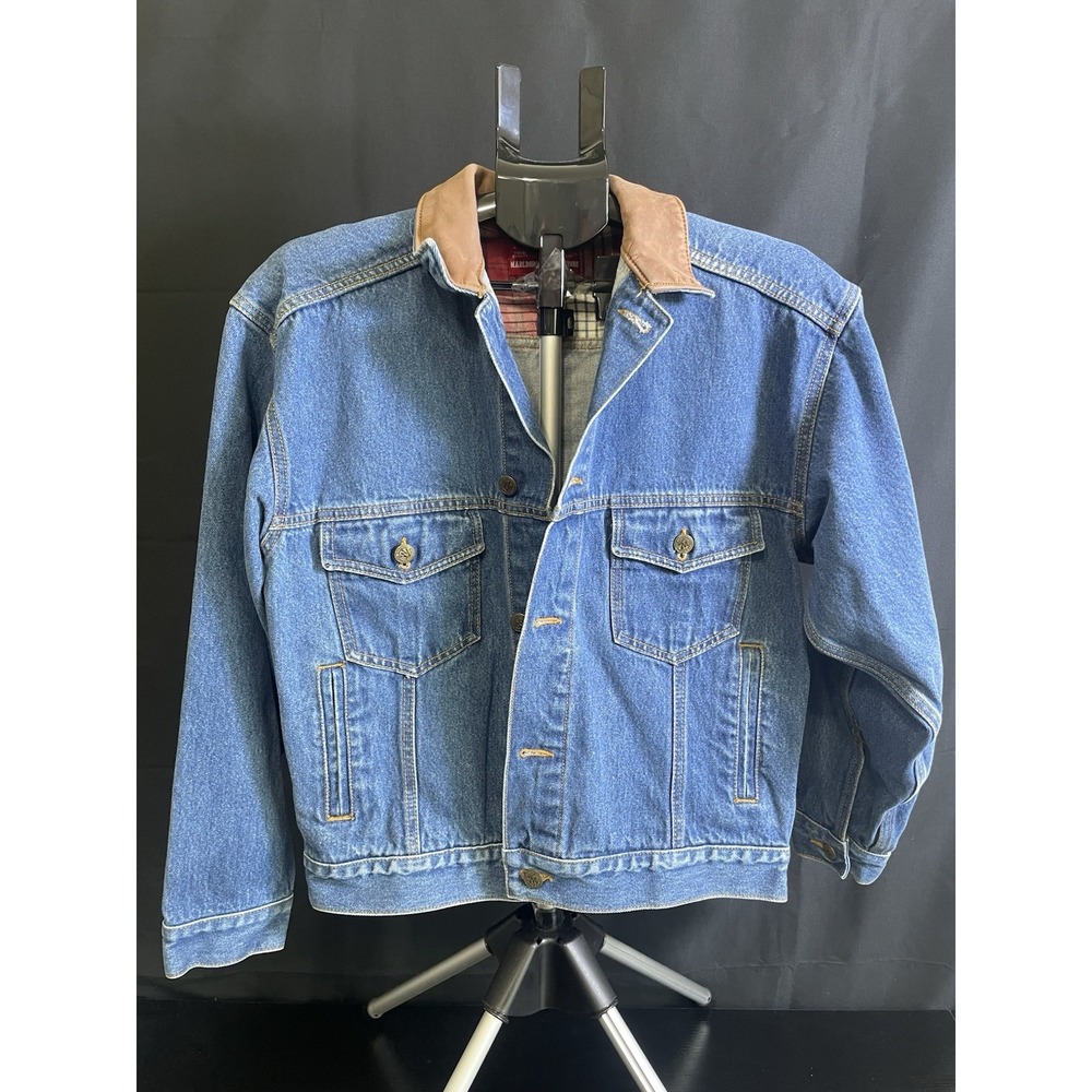 Marlboro Country Store Denim Jacket Leather Collar Mens Small USA